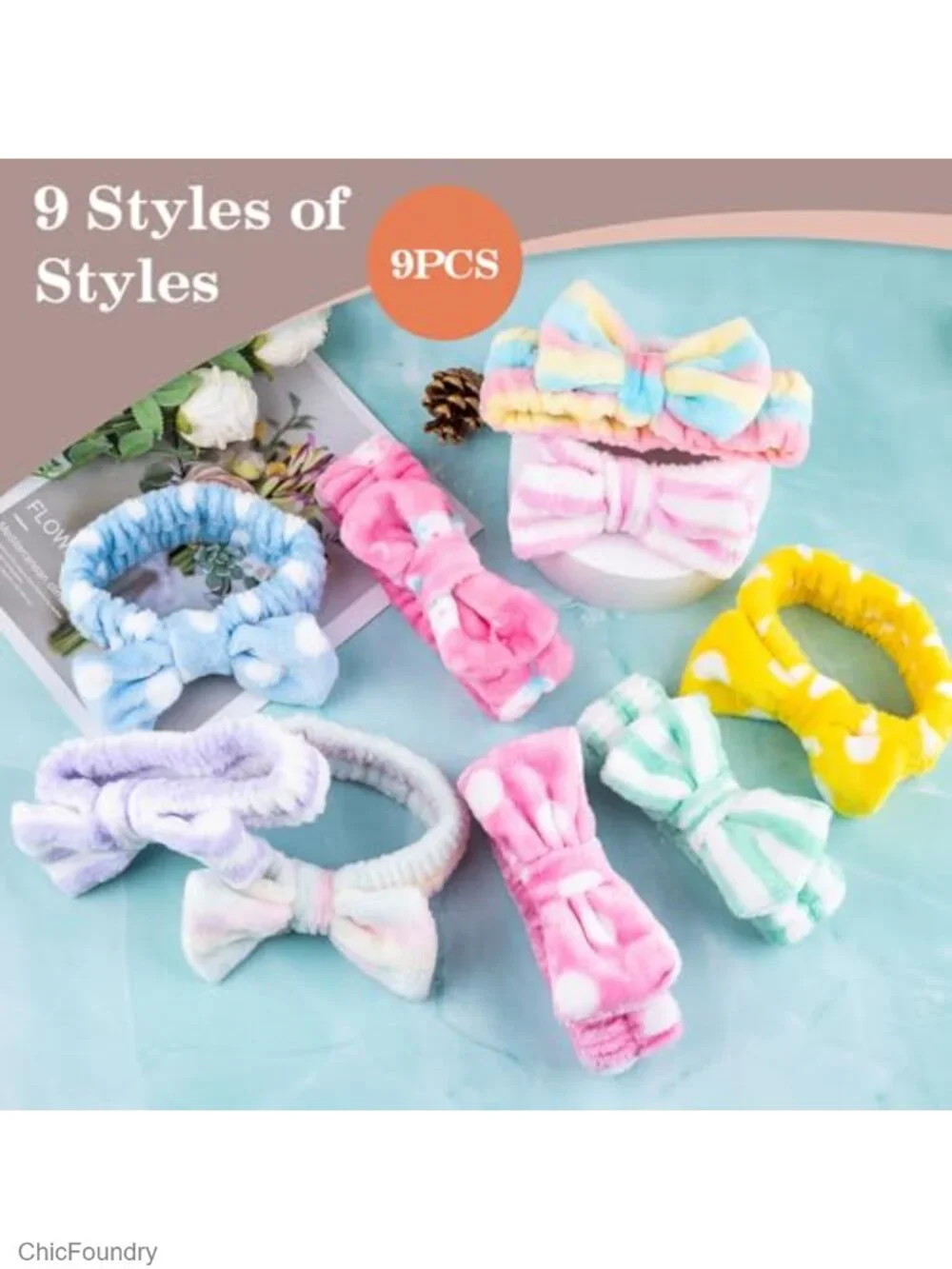 9 Pack Microfiber Skincare Headbands with Bow Tie for Face Washing Beauty